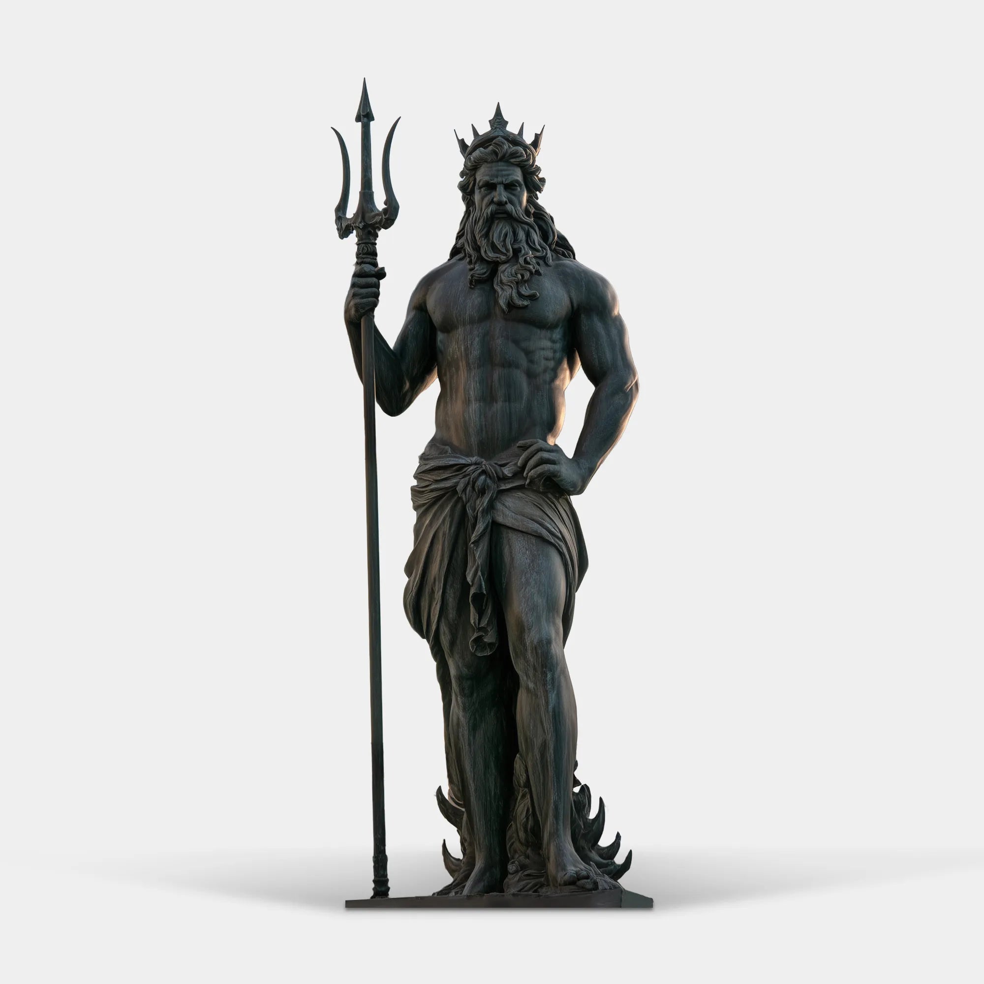 Dark patina bronze Poseidon statue holding a trident with crown, long beard, muscular figure, and draped waist cloth in a classical seaside courtyard.
