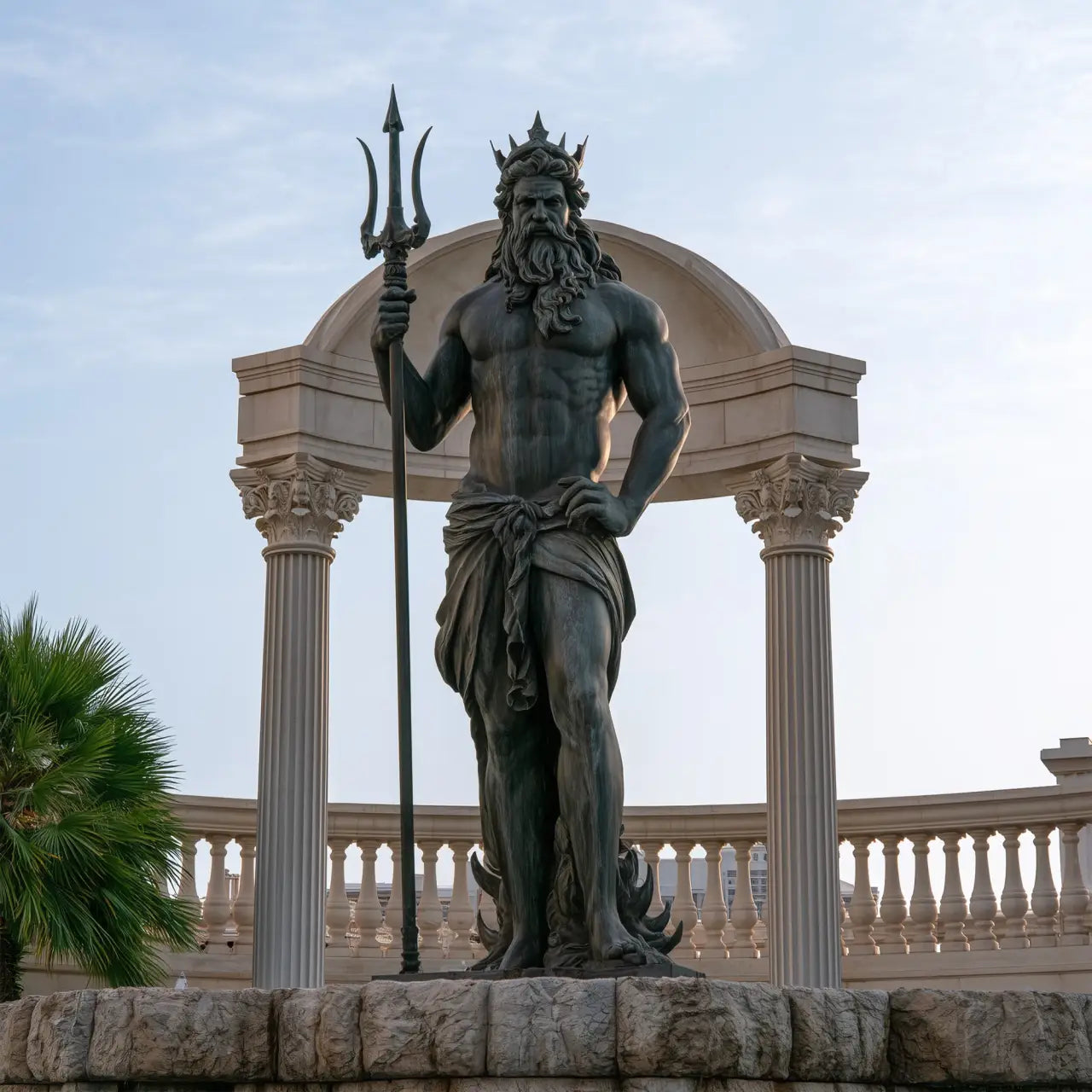 Dark patina bronze Poseidon statue holding a trident with crown, long beard, muscular figure, and draped waist cloth in a classical seaside courtyard.