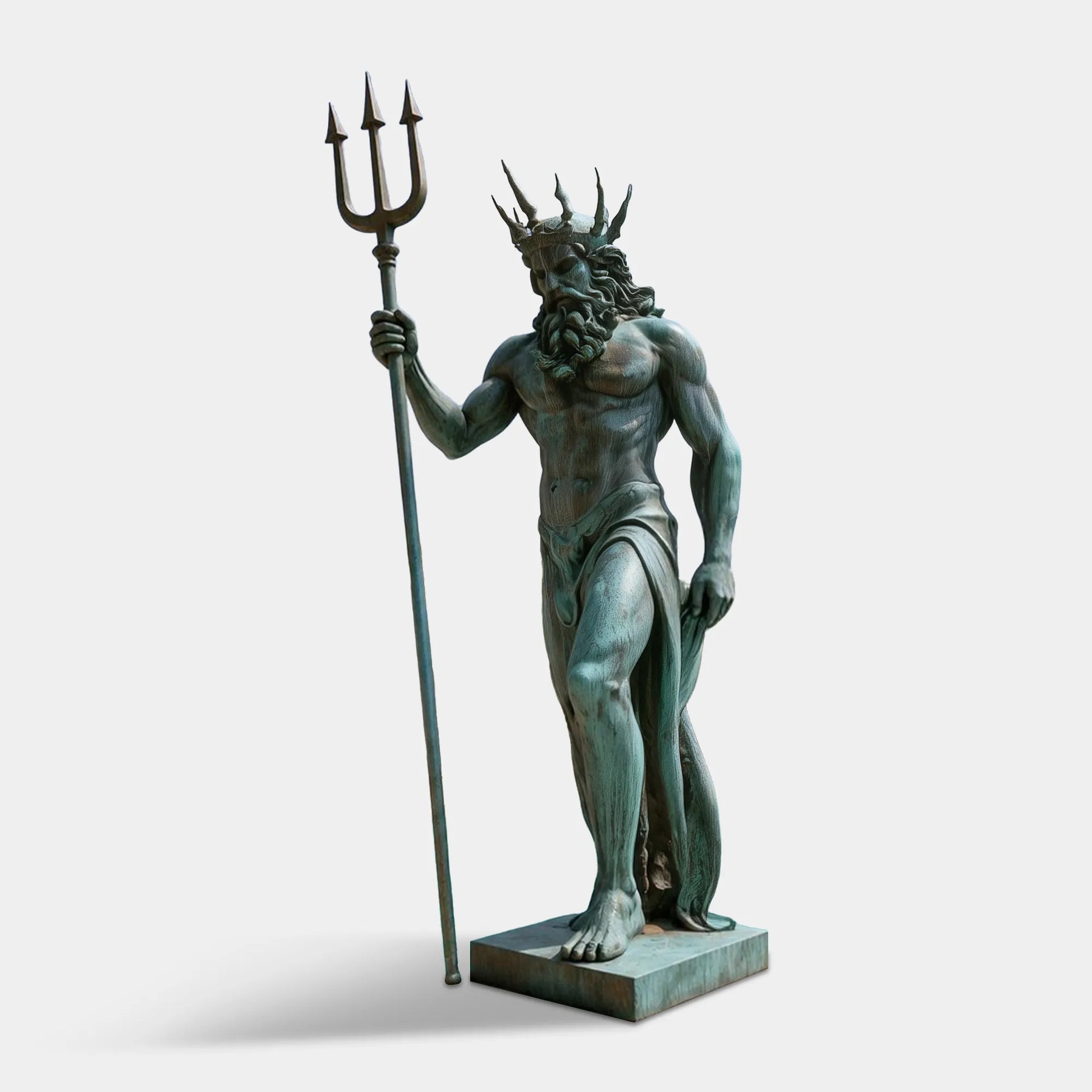 Bronze Poseidon statue holding a three-pronged trident with a bearded muscular figure and marine-style crown beside a Mediterranean villa swimming pool.