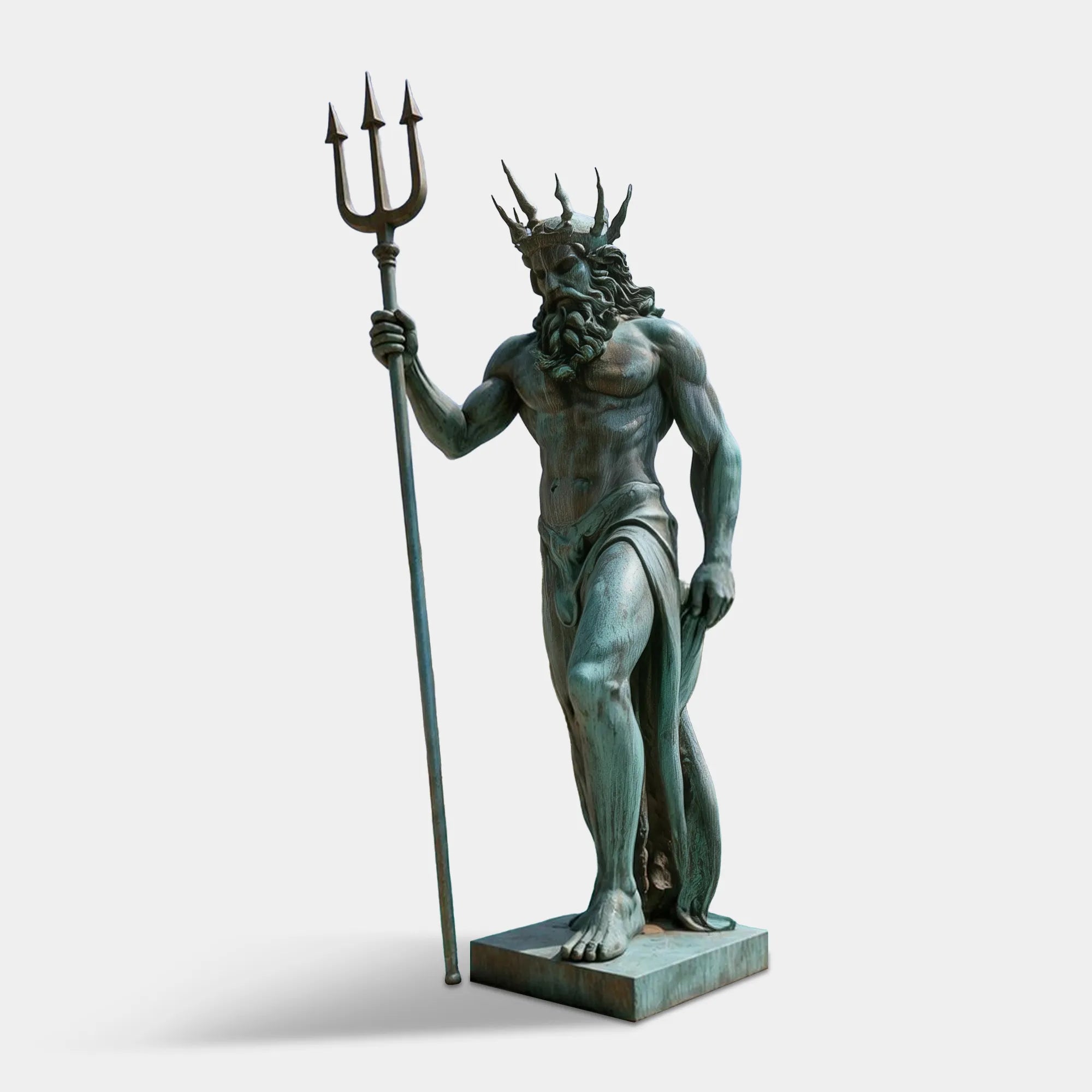 Bronze Poseidon statue holding a three-pronged trident with a bearded muscular figure and marine-style crown beside a Mediterranean villa swimming pool.