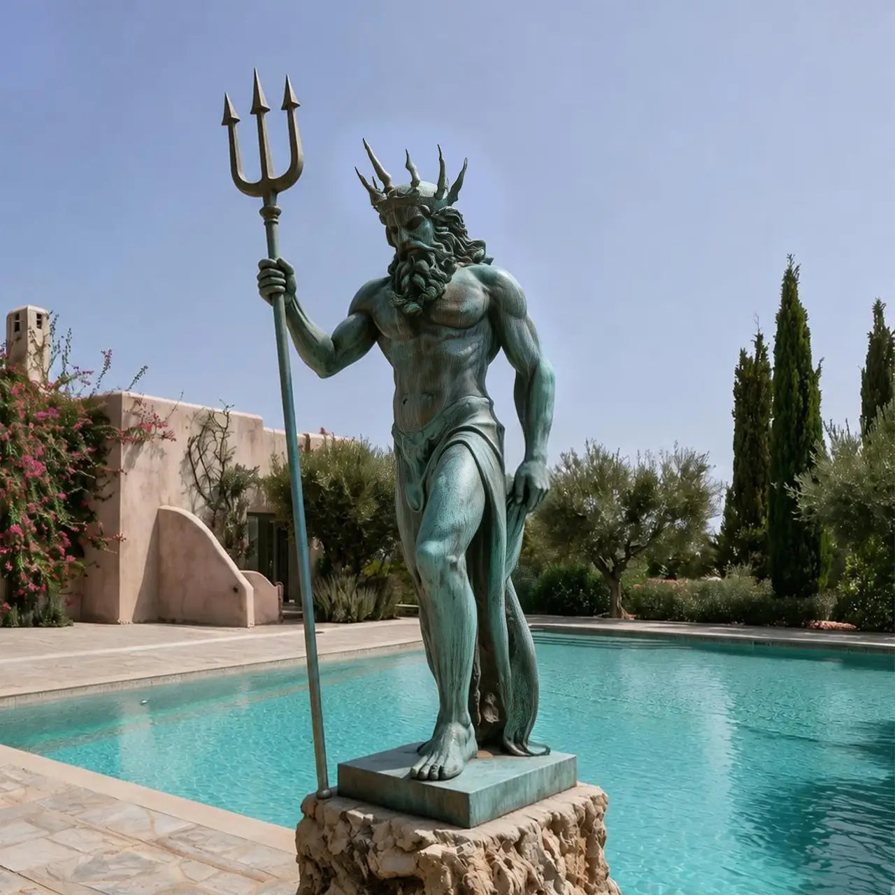 Bronze Poseidon statue holding a three-pronged trident with a bearded muscular figure and marine-style crown beside a Mediterranean villa swimming pool.