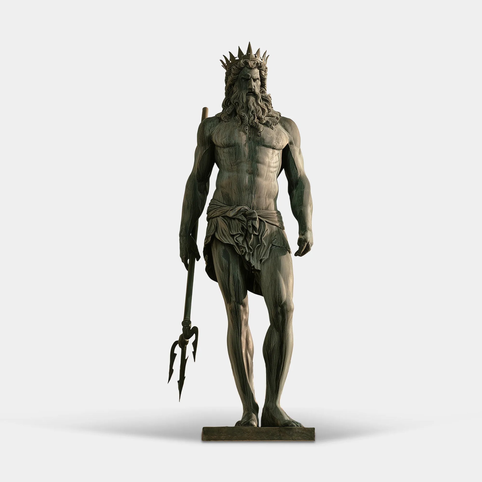 Antique bronze Poseidon statue with crown and trident beneath a classical stone arch in a Mediterranean villa courtyard.