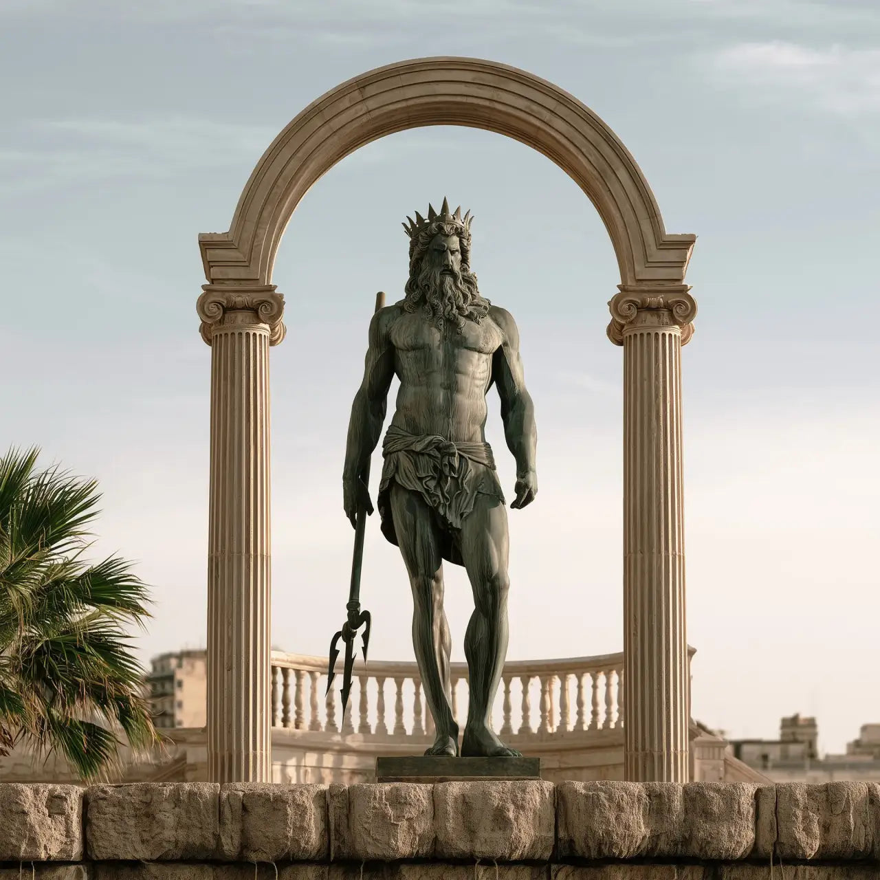 Antique bronze Poseidon statue with crown and trident beneath a classical stone arch in a Mediterranean villa courtyard.