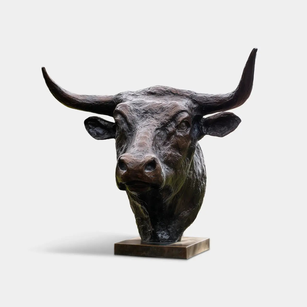Bronze bull head tabletop sculpture stands on a base along city sidewalk.
