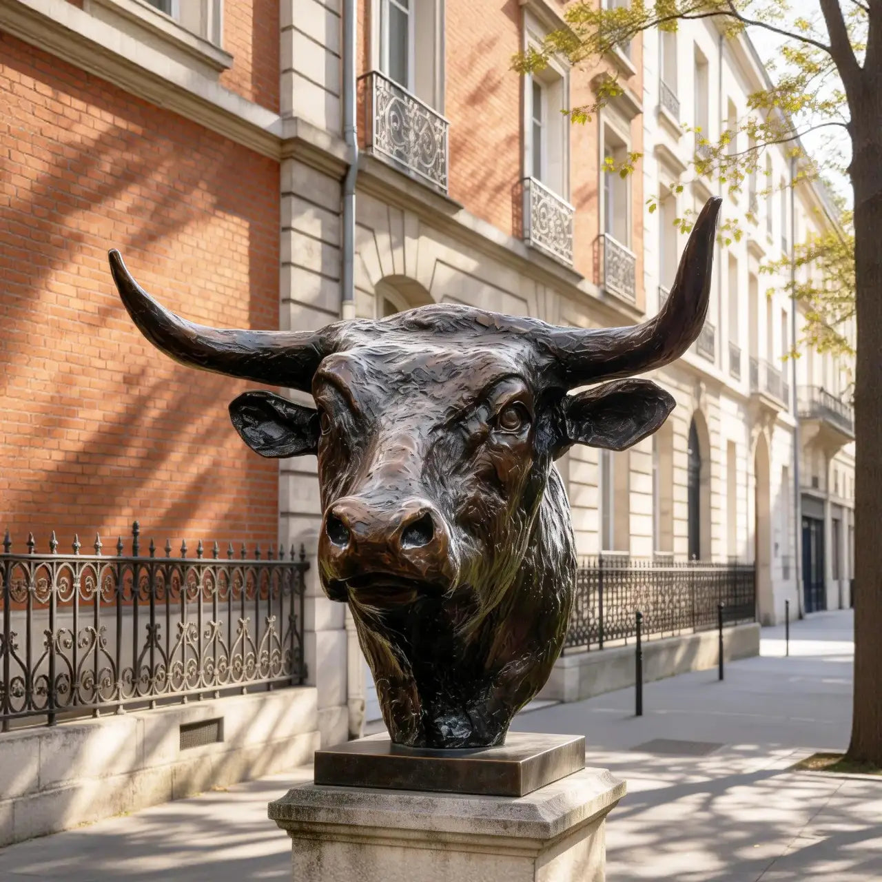 Bronze bull head tabletop sculpture stands on a base along city sidewalk.