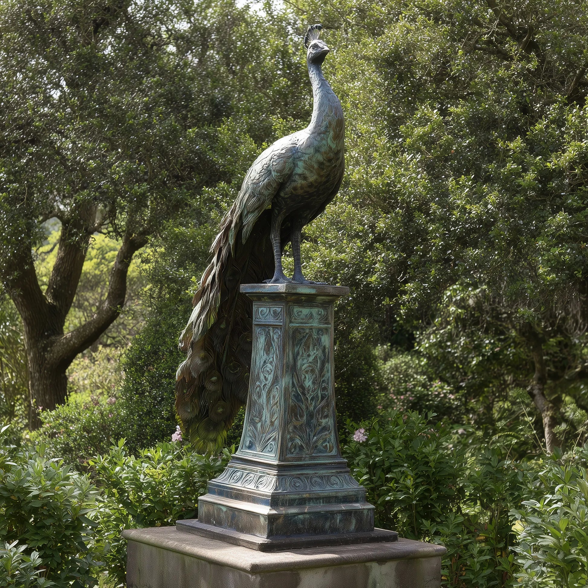 Patina bronze peacock statue stands on a pedestal amid lush garden greenery.