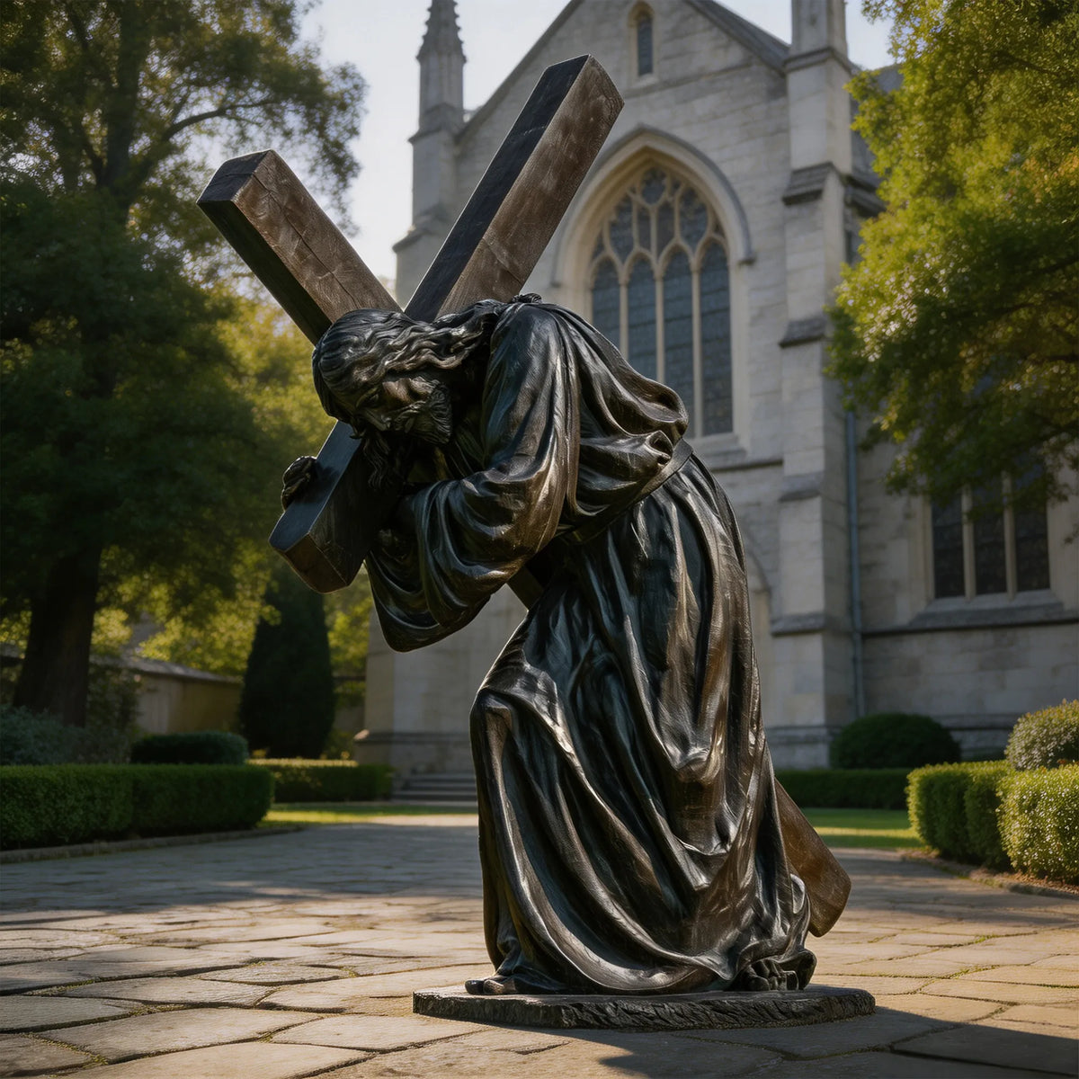 A bronze Jesus statue with a cross stands on the background in front of a church.
