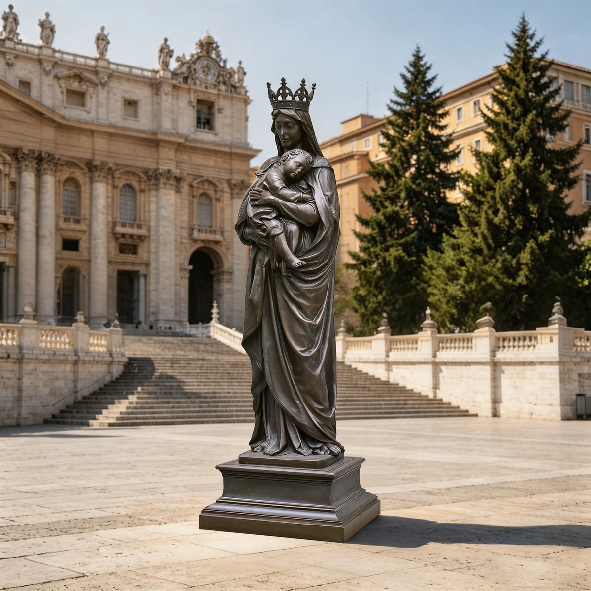 A bronze Virgin Mary with Baby Jesus statue stands in an open plaza with classic church buildings.