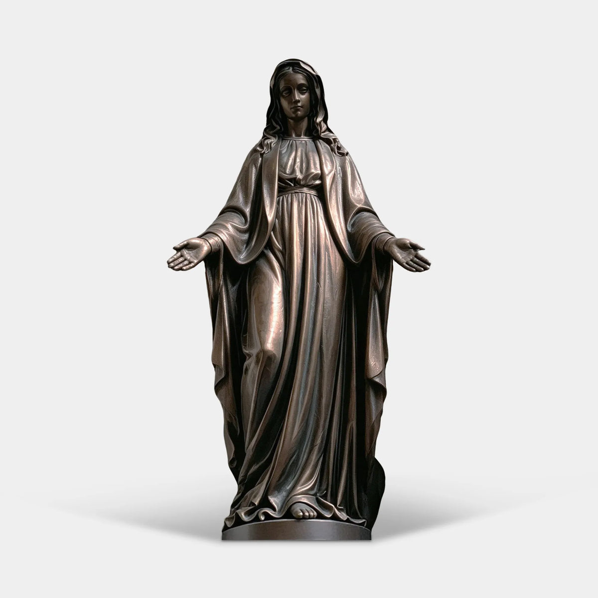 A bronze Virgin Mary statue stands inside an ornate Gothic architectural niche.