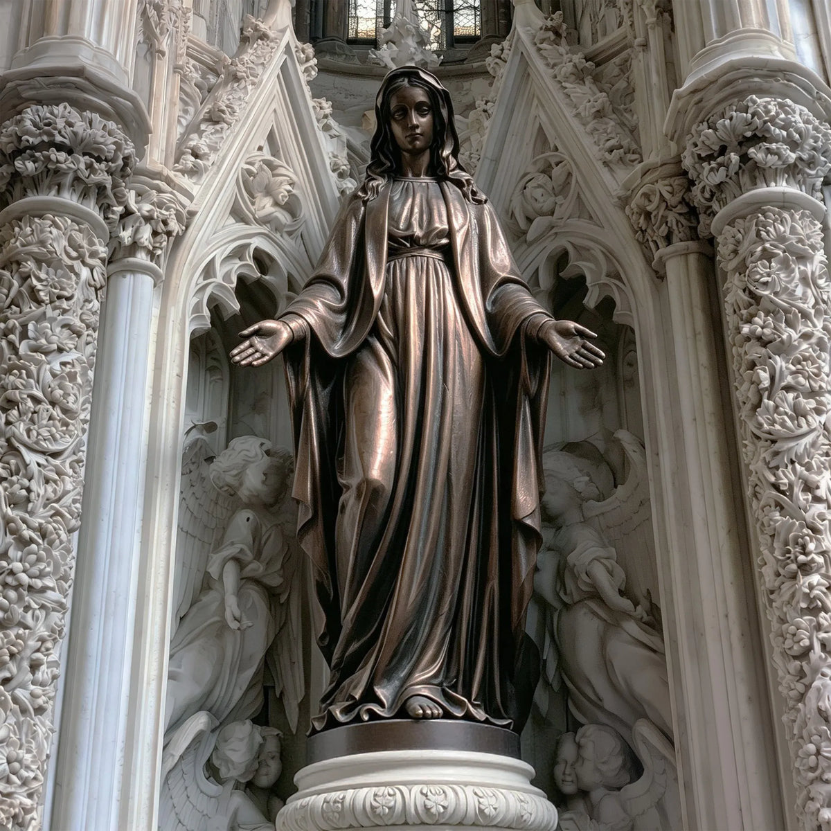 A bronze Virgin Mary statue stands inside an ornate Gothic architectural niche.