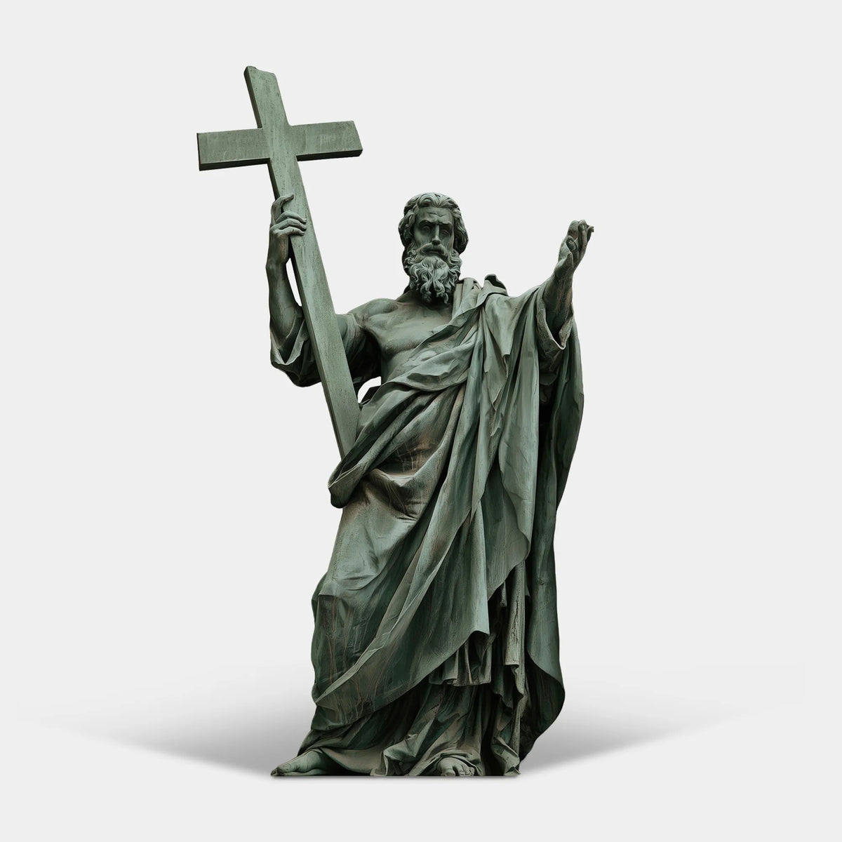 A patina bronze Saint Paul statue stands in a stone architectural niche.