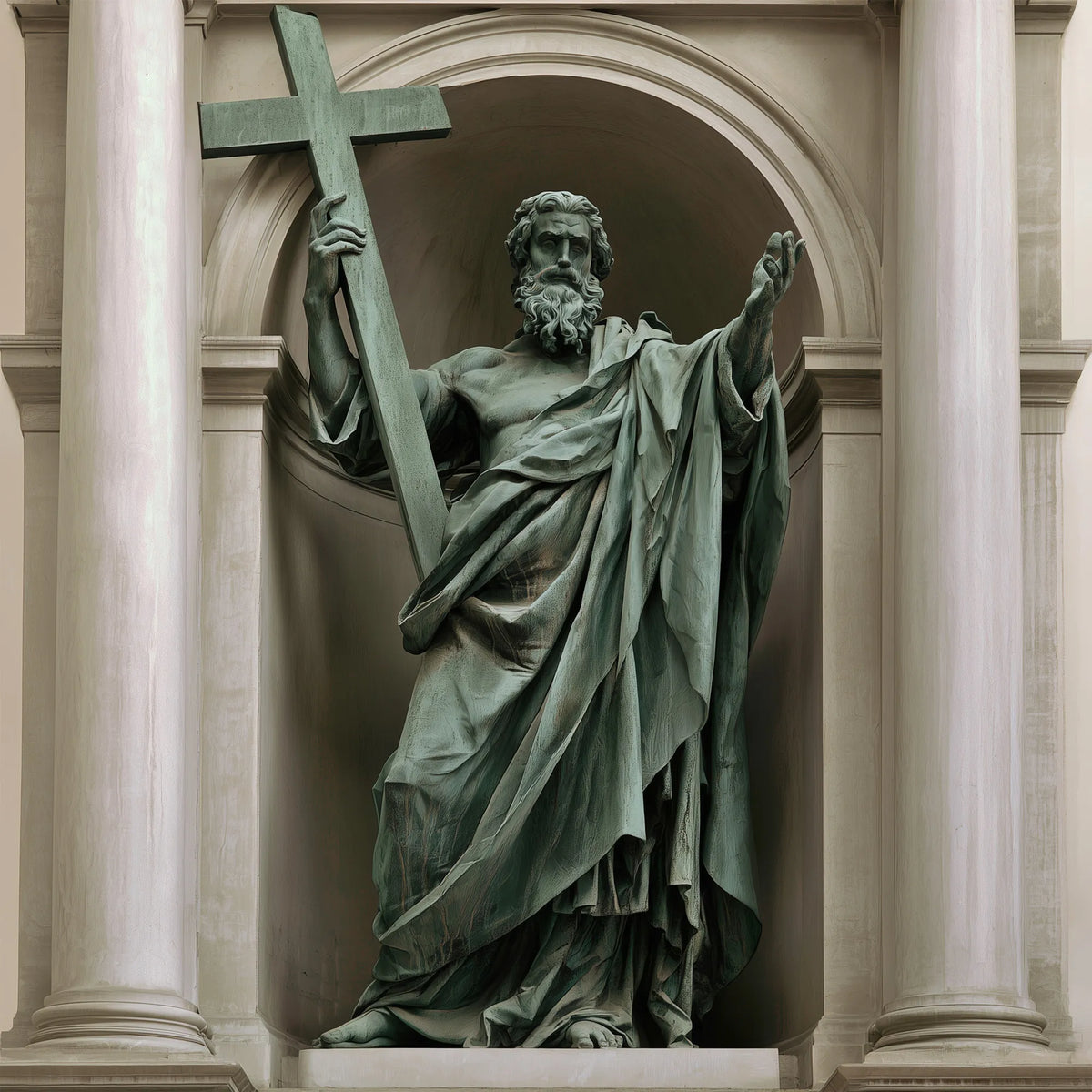 A patina bronze Saint Paul statue stands in a stone architectural niche.
