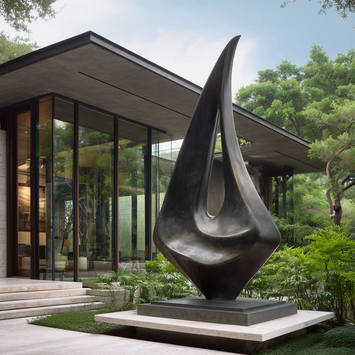 Large dark bronze abstract sculpture with an asymmetrical organic form and central opening in a modern residential garden courtyard.