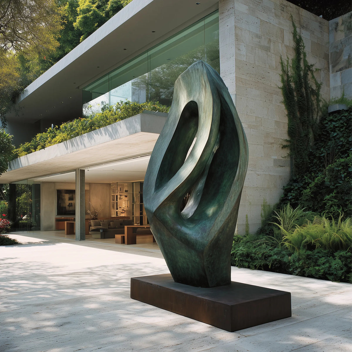 Large green bronze organic sculpture with layered openings and folded surfaces in a modern villa garden courtyard.