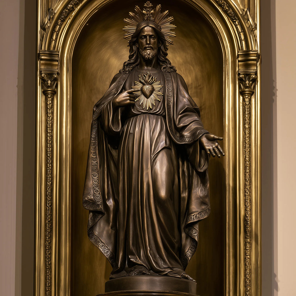 A bronze sacred heart Jesus statue sits inside an ornate golden arched niche.