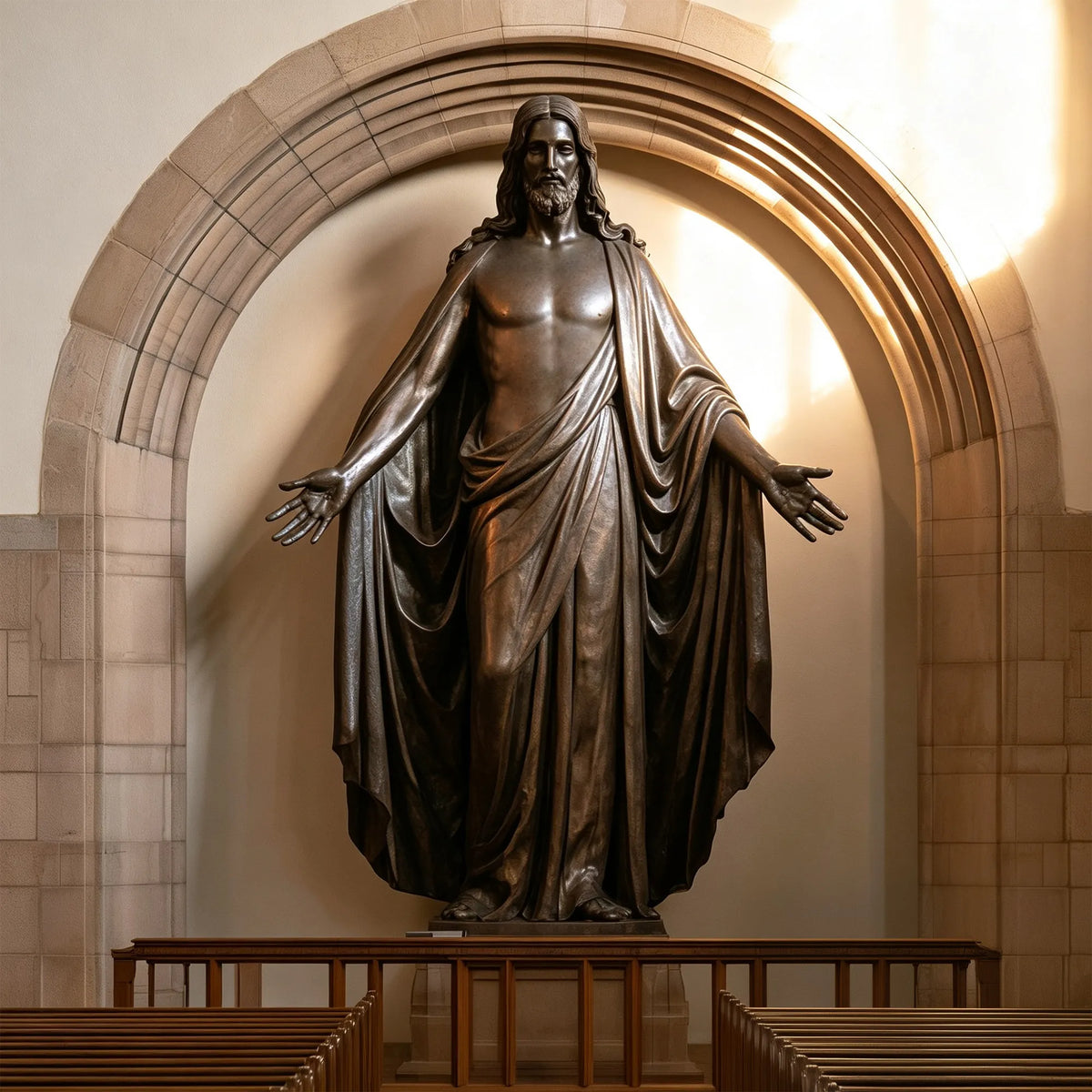 A bronze Jesus statue stands in an arched church alcove behind wooden pews.