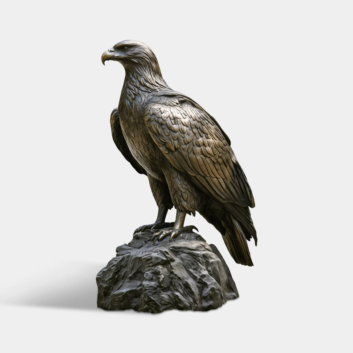 A bronze eagle statue stands on a rock base in a landscaped backyard garden.
