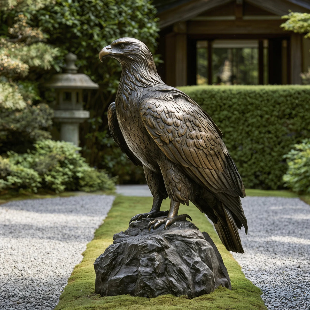 A bronze eagle statue stands on a rock base in a landscaped backyard garden.