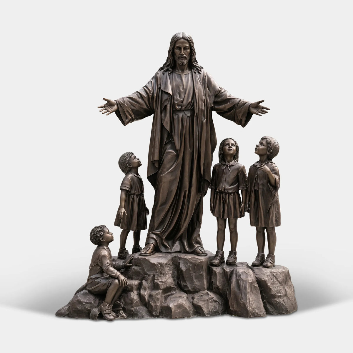 A bronze statue of Jesus with children sits on a stone base in front of a stone church building.