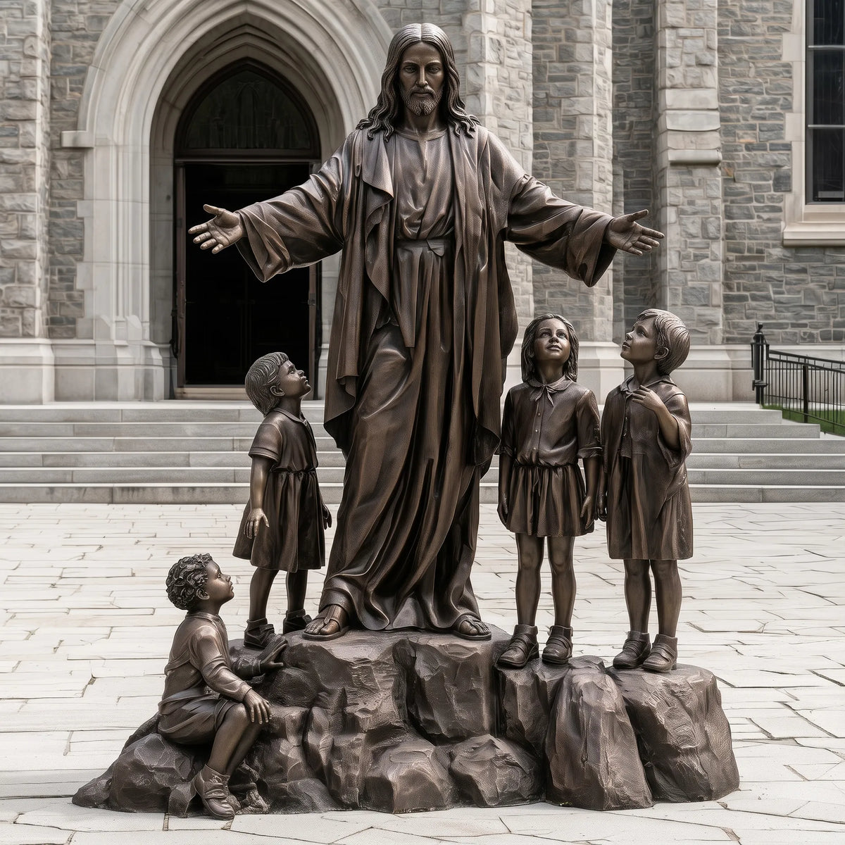 A bronze statue of Jesus with children sits on a stone base in front of a stone church building.