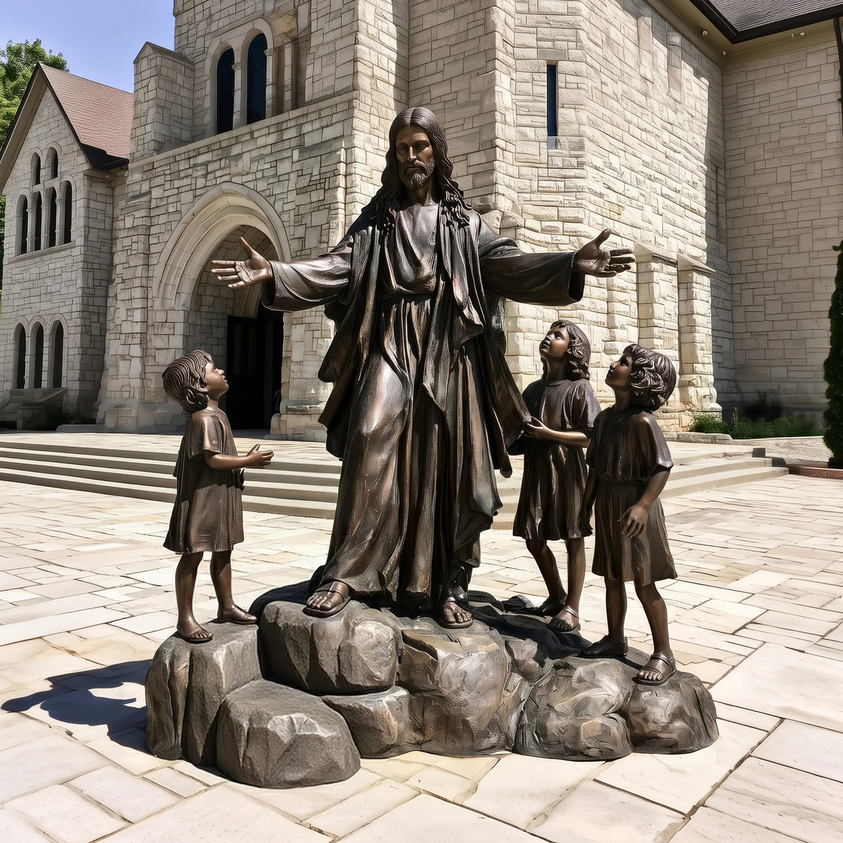 A bronze statue of Jesus with three children stands on rock base on the ground before a stone church.