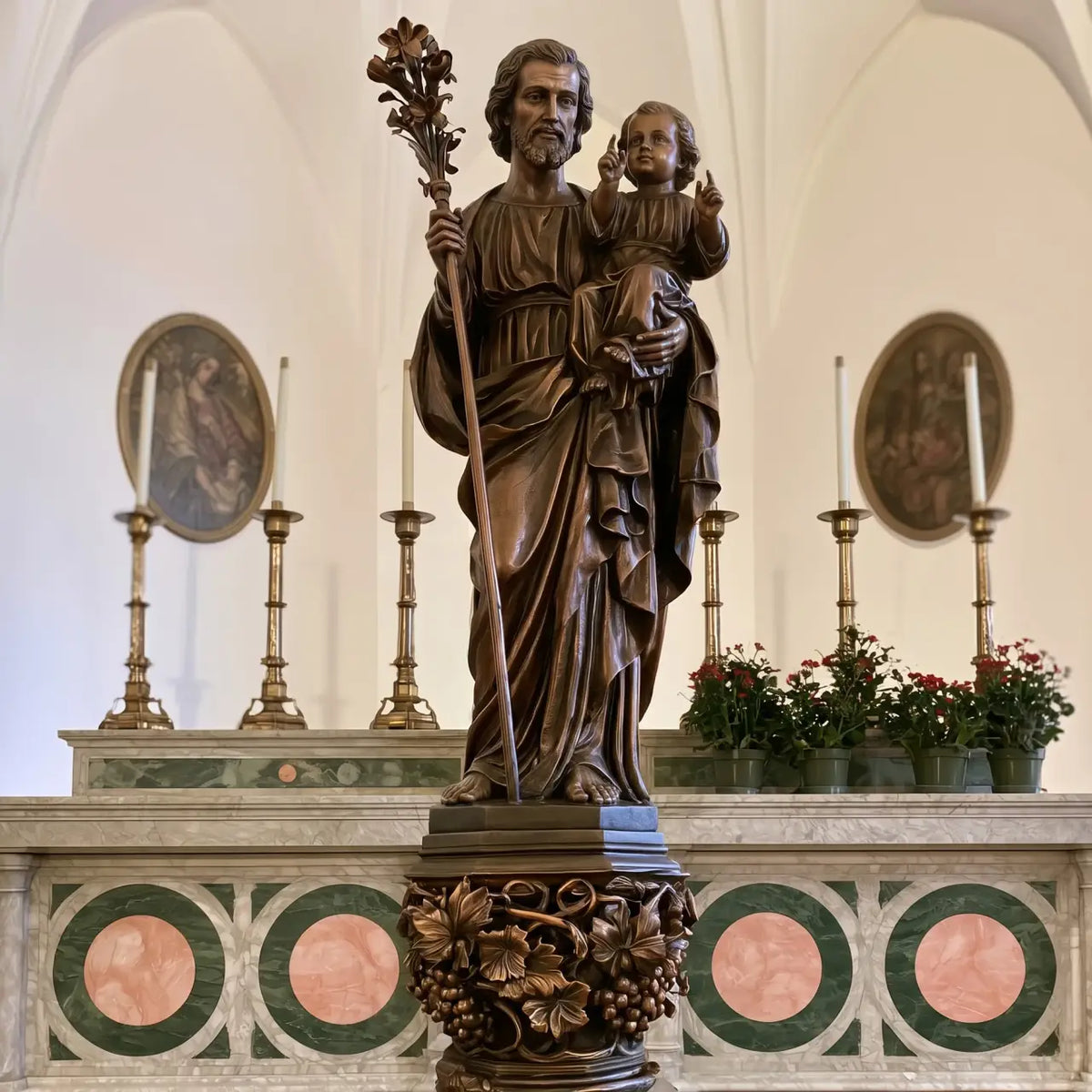 Brown bronze Saint Joseph religious statue holding the Child Jesus with lily staff in a Catholic church sanctuary.