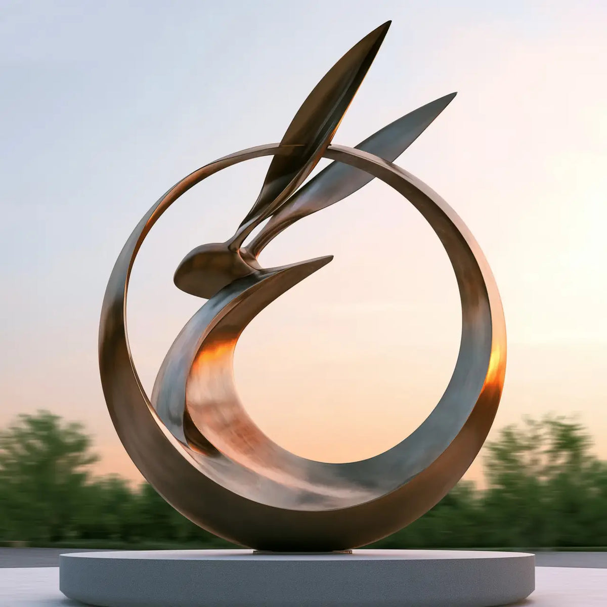 Abstract bronze rabbit sculpture with circular flowing form in an outdoor landscape.