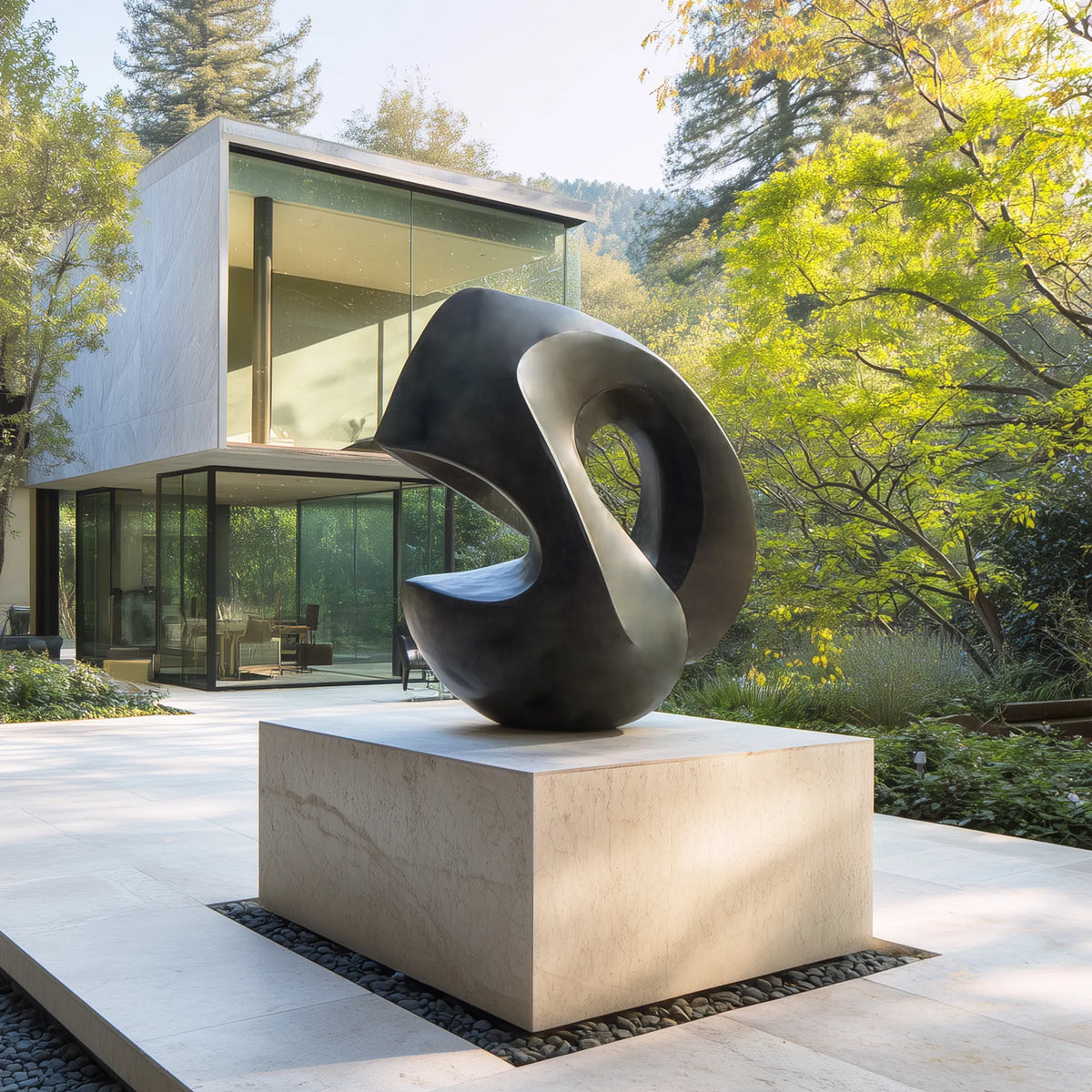 Dark bronze abstract loop sculpture with smooth curved surfaces on a stone pedestal in a modern villa garden
