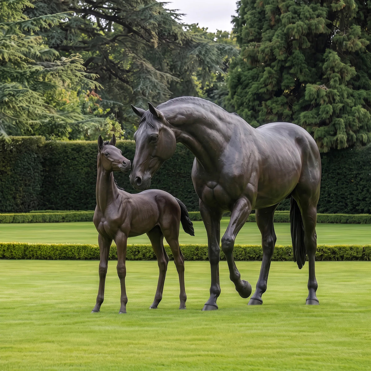 The bronze mare and foal statue are on a green lawn with tall trees in the background.
