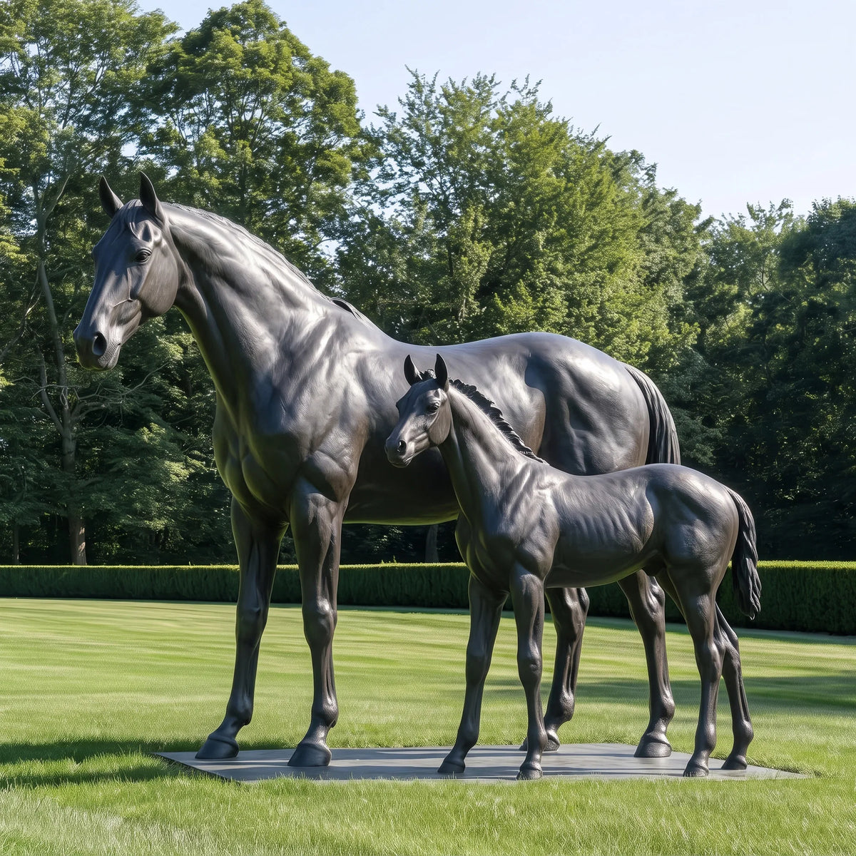 The bronze mare and foal statue stands on a base over green grass, backed by lush leafy trees.