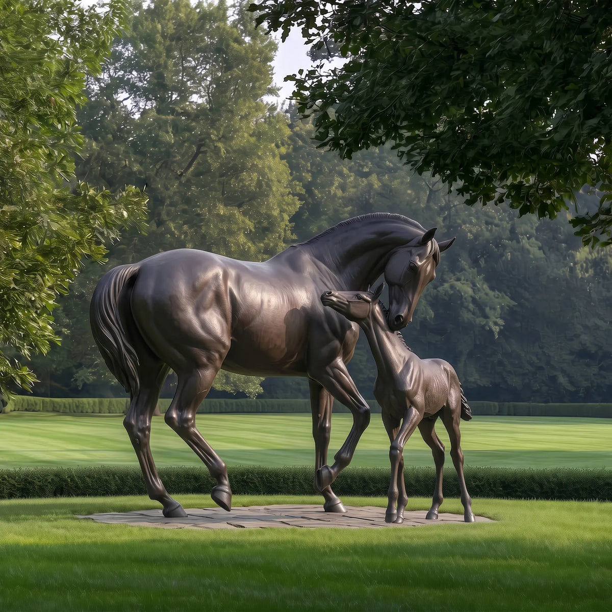 The bronze mare and foal statue stands on a stone pad on green grass.