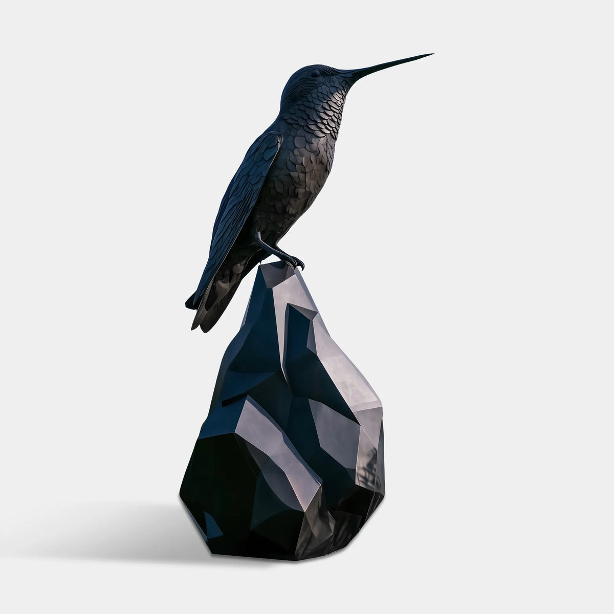 A bronze hummingbird statue sits on a geometric base placed in a pond under blue sky.