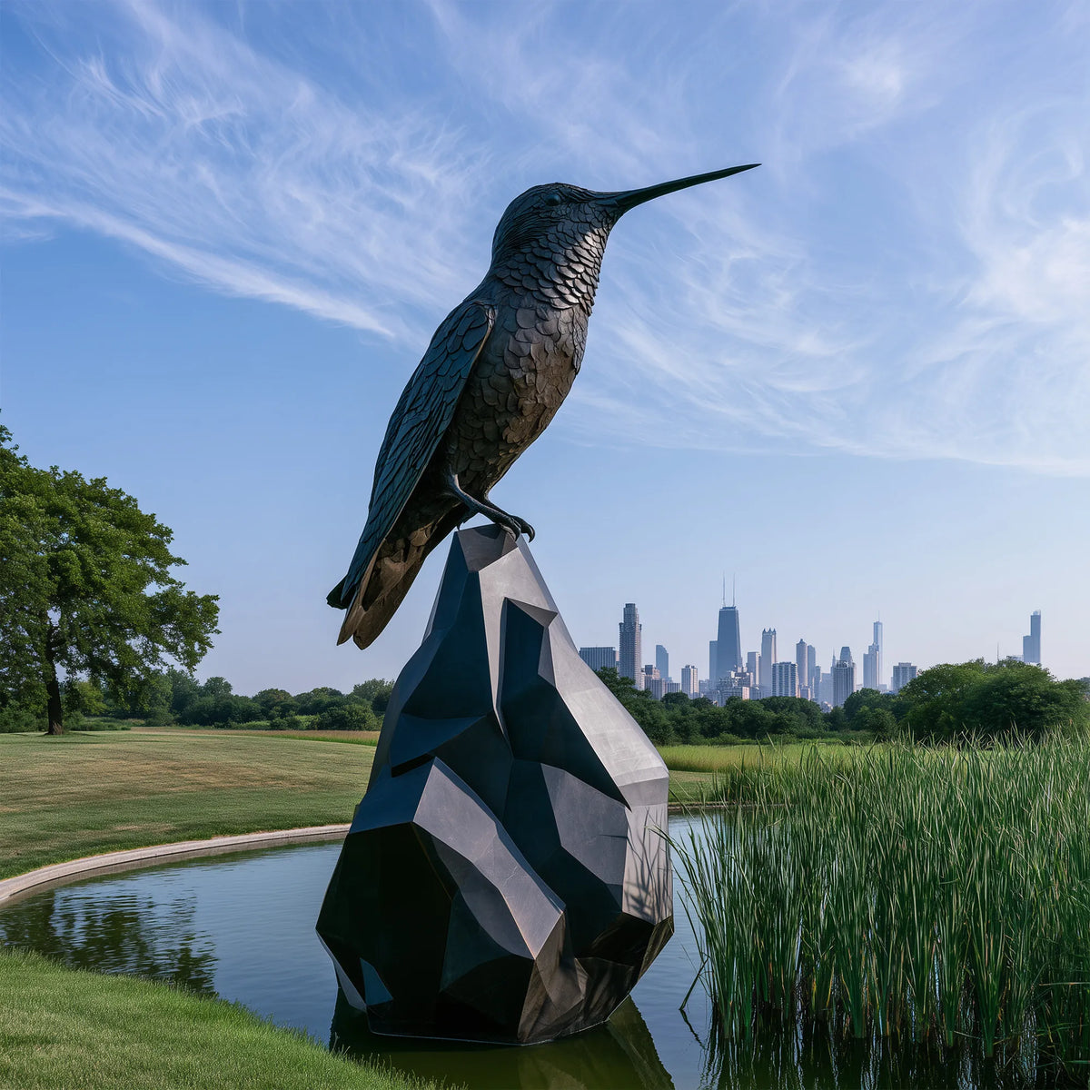 A bronze hummingbird statue sits on a geometric base placed in a pond under blue sky.