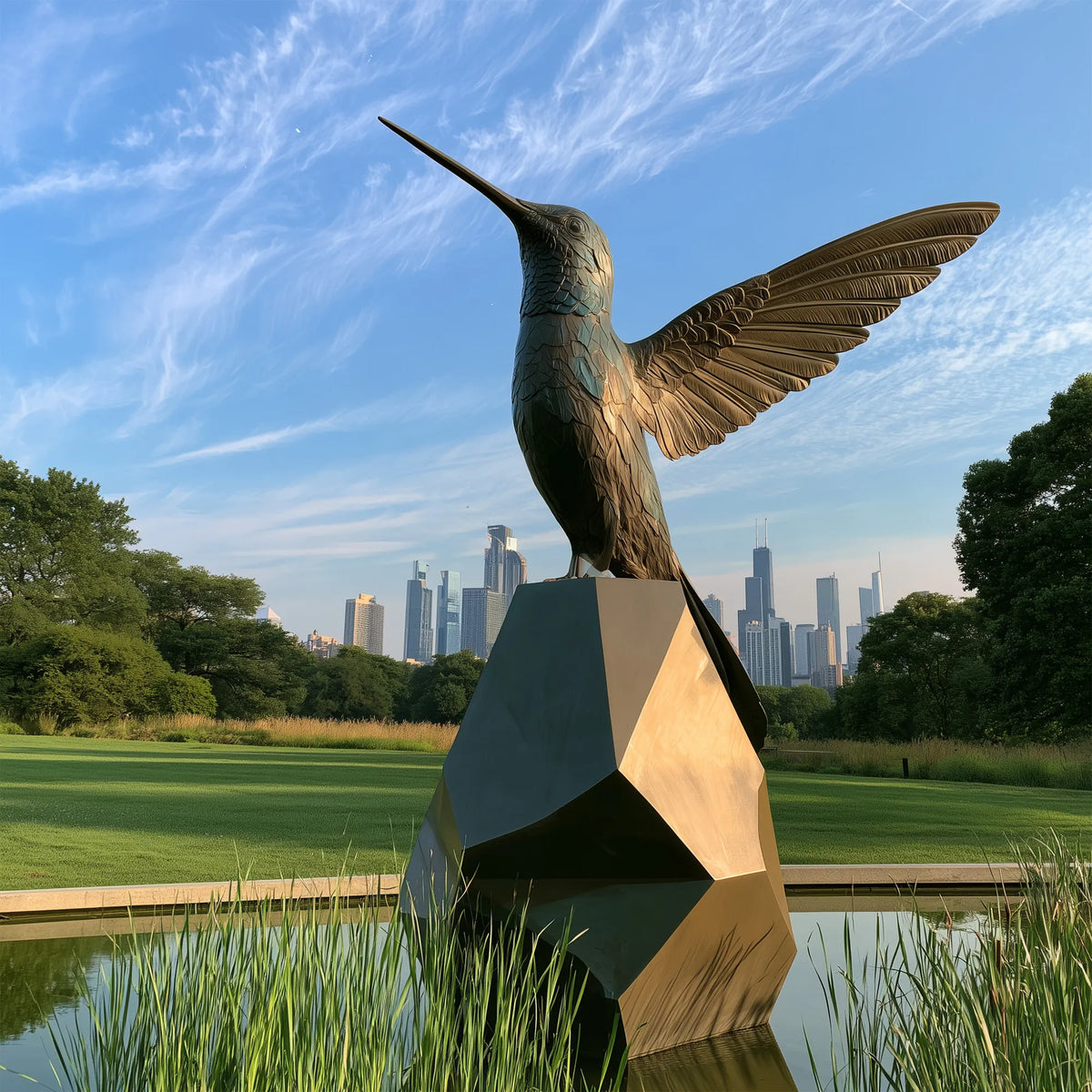 A bronze hummingbird statue with spread wings rests on a geometric base in pond water.