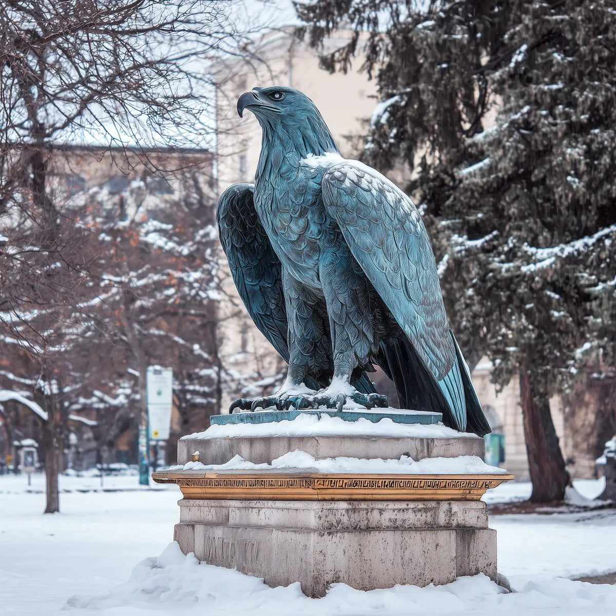 Bronze eagle sculpture with detailed feathers, curved beak and powerful talons on a stone pedestal in a snow-covered outdoor park.