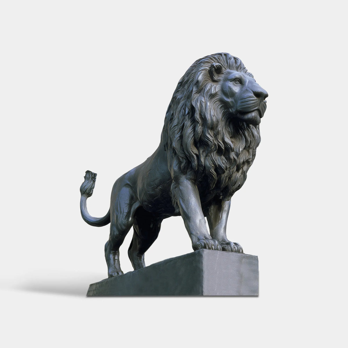 Dark bronze standing lion statue with a detailed flowing mane, muscular body, and curved tail.
