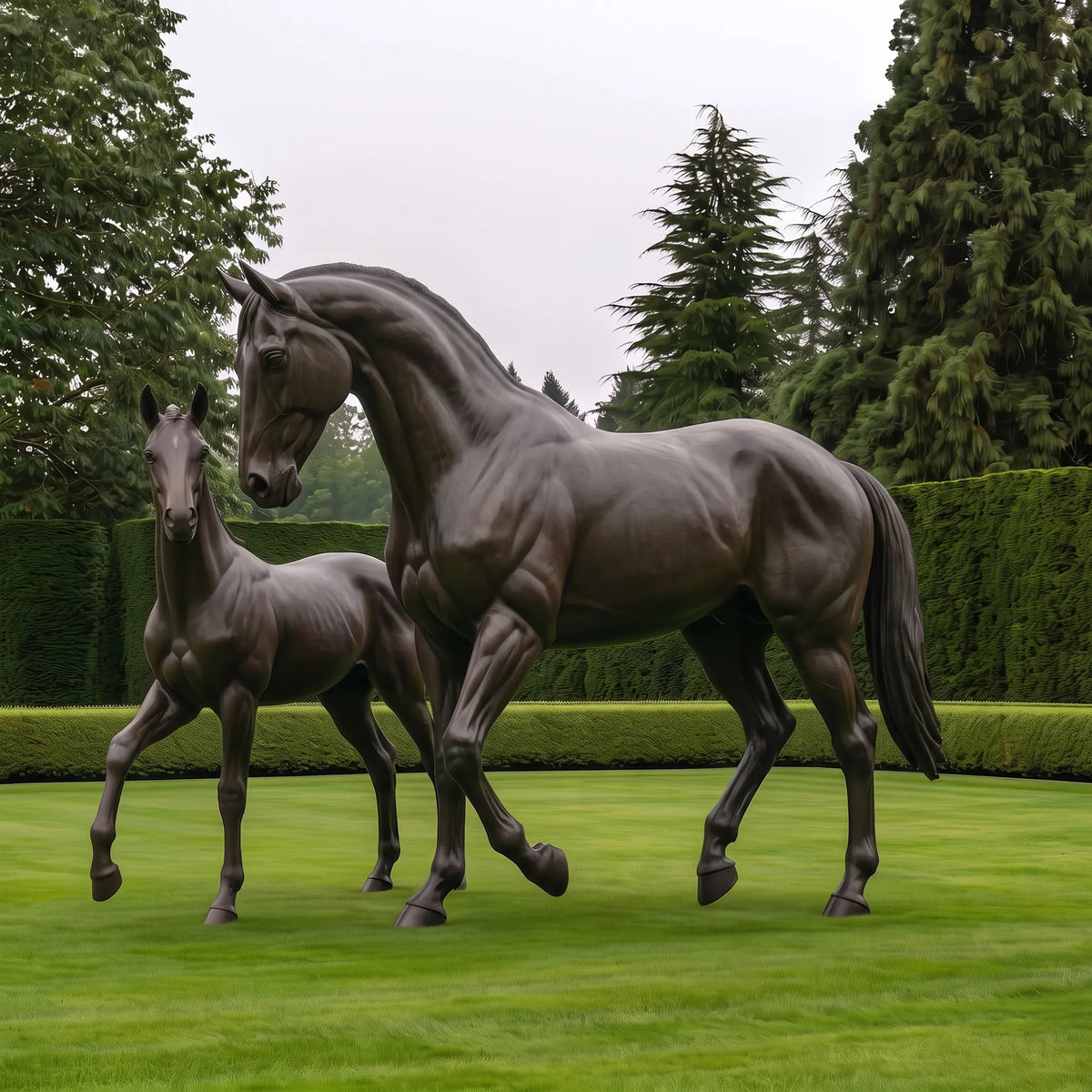 Dark bronze mare and foal sculpture with realistic muscular details, gently lowered heads, and walking poses on a lawn surrounded by manicured hedges and tall trees.
