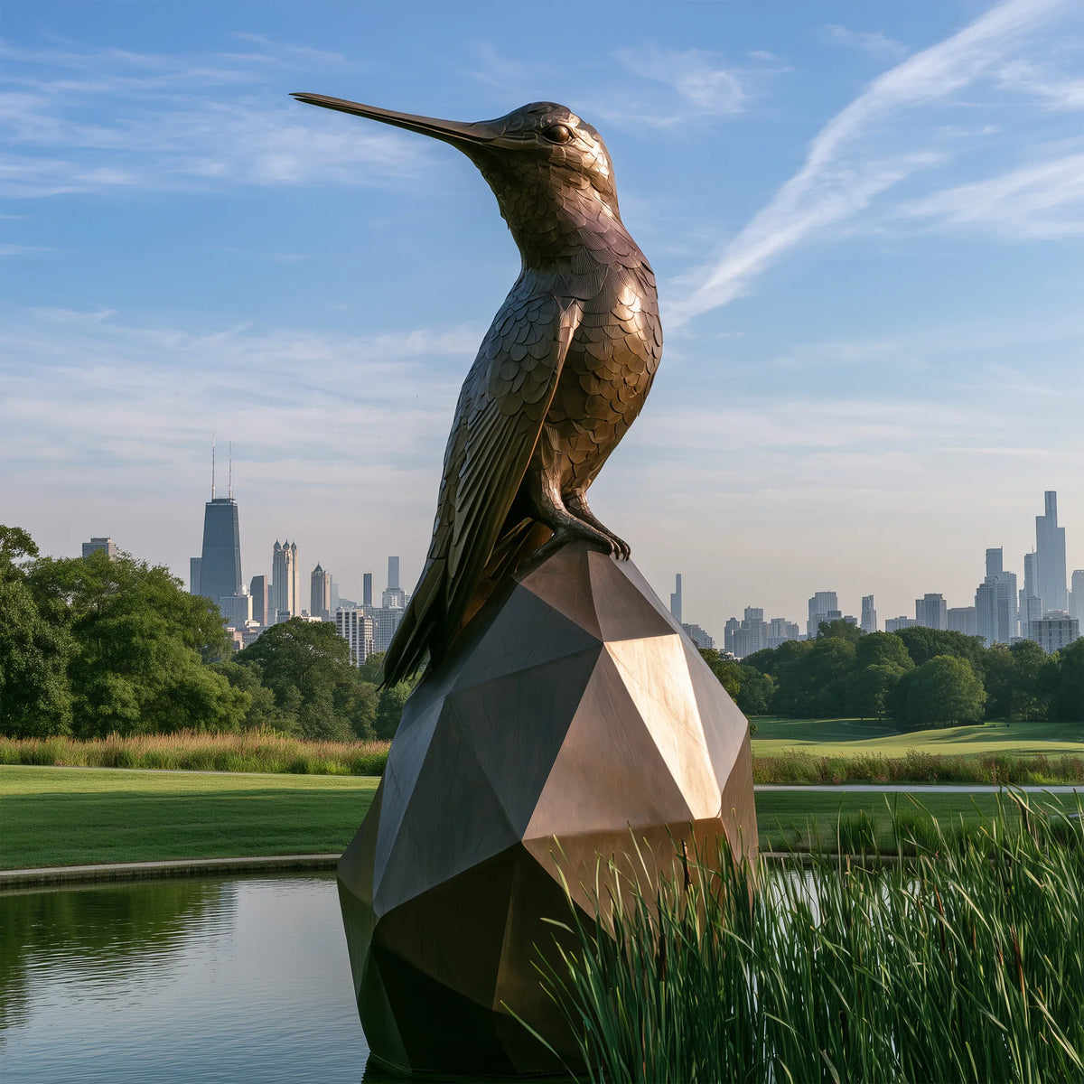 A bronze hummingbird statue sits on a geometric base with a distant city skyline.