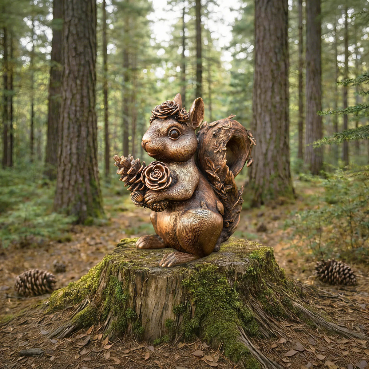 Antique bronze squirrel statue holding roses and pinecones with floral decorations on its curled tail on a moss-covered tree stump. 