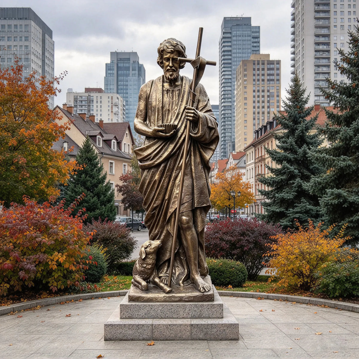A bronze Saint John the Baptist statue stands on a pedestal in a city park.