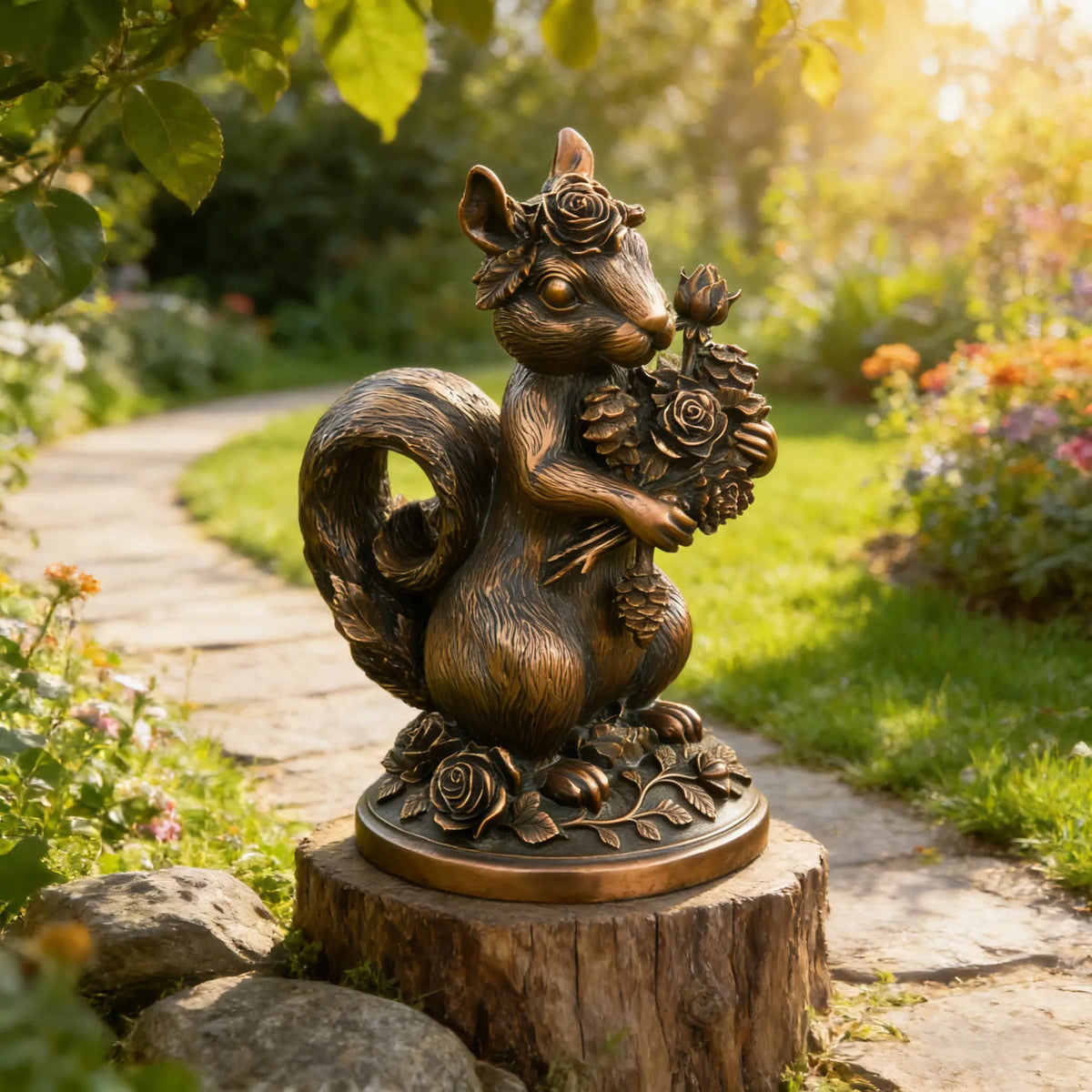 Bronze Squirrel Statue Holding a Bouquet of Roses and Pinecones, Featuring a Rose on Its Head, Detailed Fur Texture, Curled Tail, and Floral Decorations on a Round Base