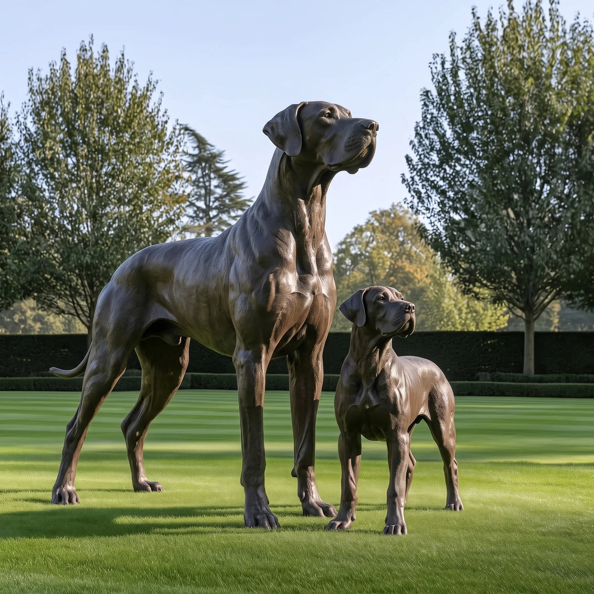 Dark Bronze Sculpture of Two Standing Great Dane Dogs in Different Sizes, Featuring Muscular Bodies, Detailed Faces, and Natural Poses on a Green Garden Lawn