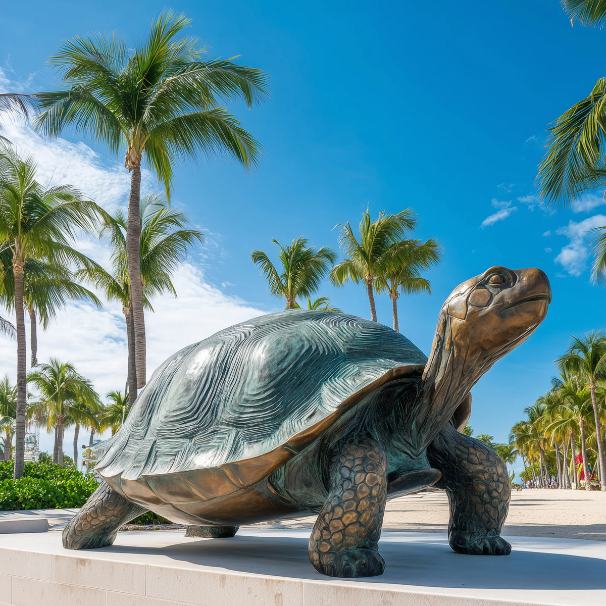 Large Bronze Tortoise Statue Textured Scaly Legs, Detailed Head, and Raised Neck in a Natural Walking Pose