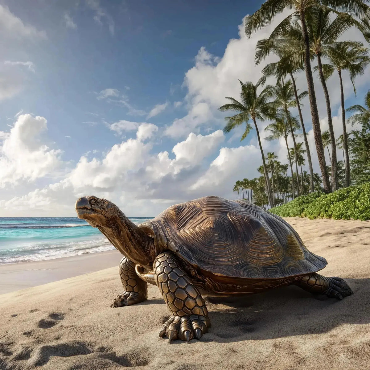 Bronze turtle statue with a textured shell, detailed legs, and raised head on a sandy beach with palm trees and ocean