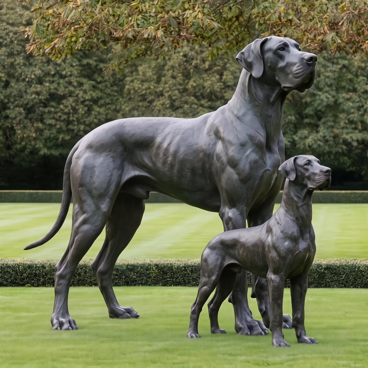 Bronze Great Dane Statue Featuring Two Standing Dogs, One Adult and One Younger Dog, with Detailed Muscular Bodies, Long Legs, Broad Chests, and Expressive Faces