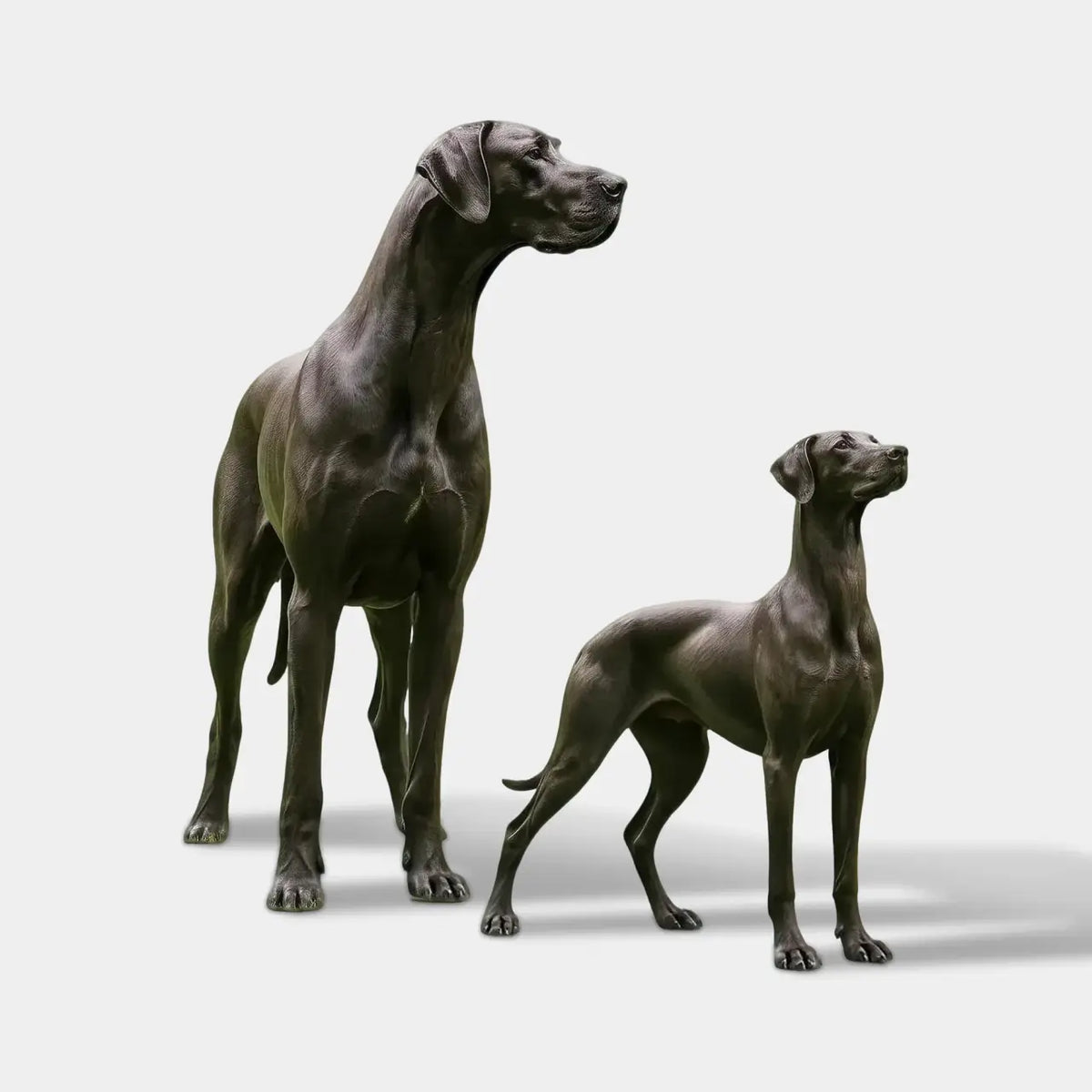 Pair of Dark Bronze Dog Statues Featuring Two Dogs of Different Sizes, with Detailed Muscular Bodies, Long Legs, Natural Standing Poses, and Expressive Facial Features