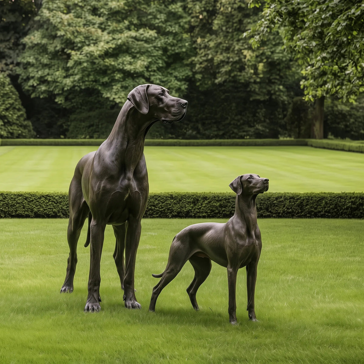Pair of Dark Bronze Dog Statues Featuring Two Dogs of Different Sizes, with Detailed Muscular Bodies, Long Legs, Natural Standing Poses, and Expressive Facial Features