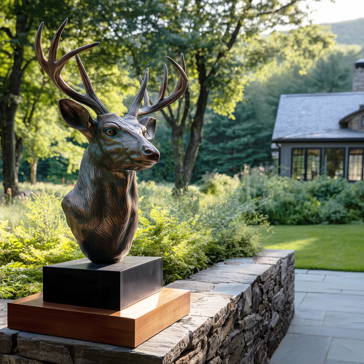Dark Bronze Deer Bust Sculpture with Large Branching Antlers, Detailed Facial Features, Textured Fur, and a Rectangular Base