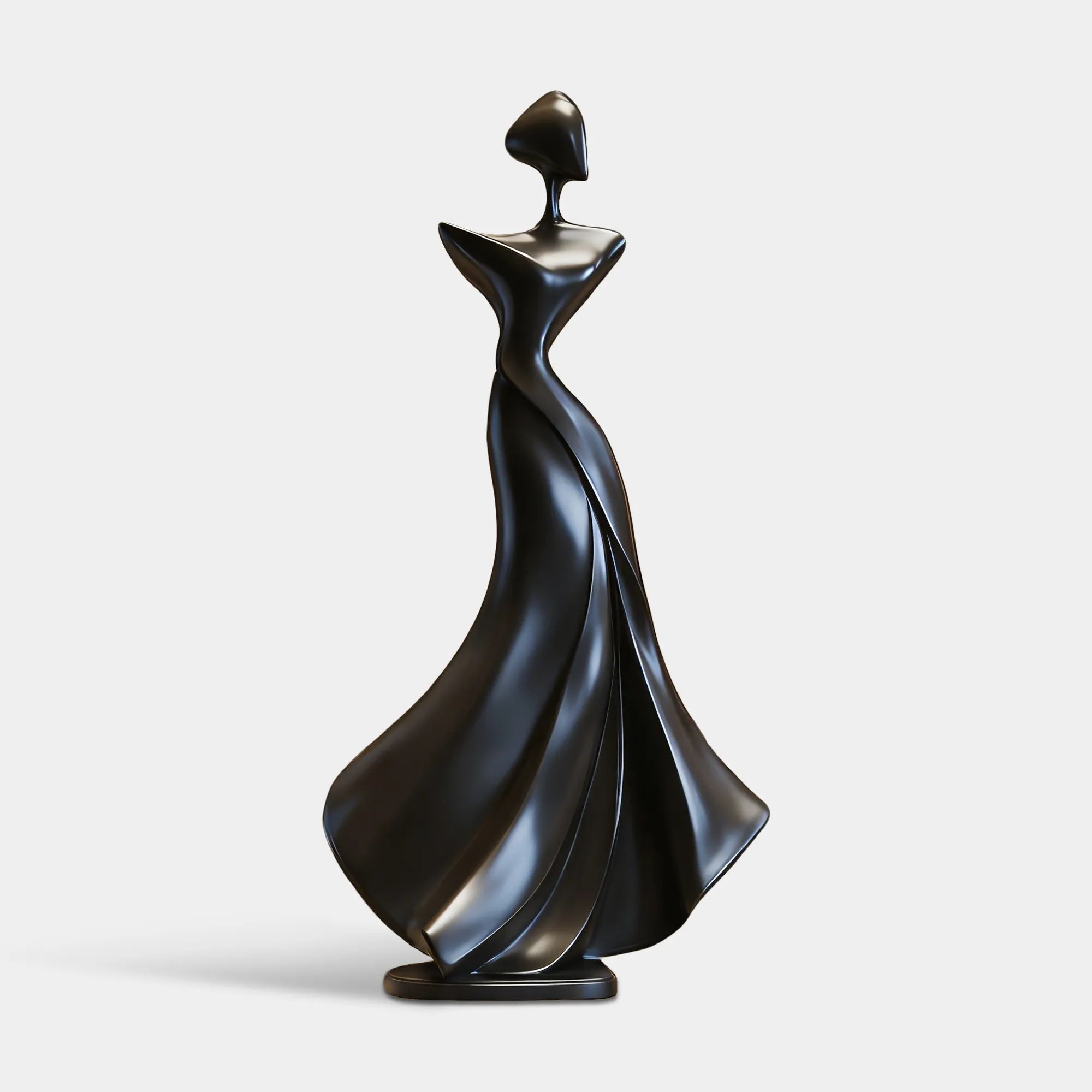 Black abstract bronze sculpture with flowing form in living room corner near white wall and window. 