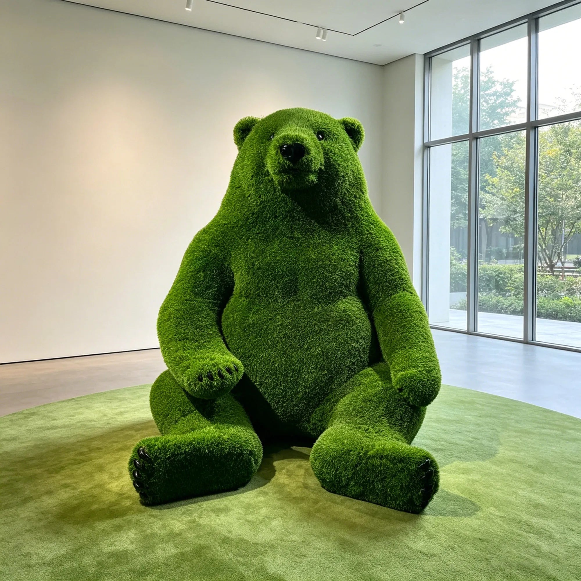 Fuzzy fiberglass bear statue sitting on floor with soft textured surface and rounded form in an art gallery.